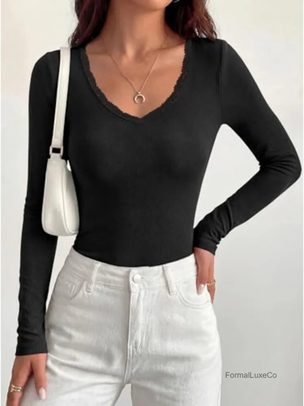 Lace Deep V Neck Long Sleeve Slim Fit Top Going Out Night Out Fall Layering